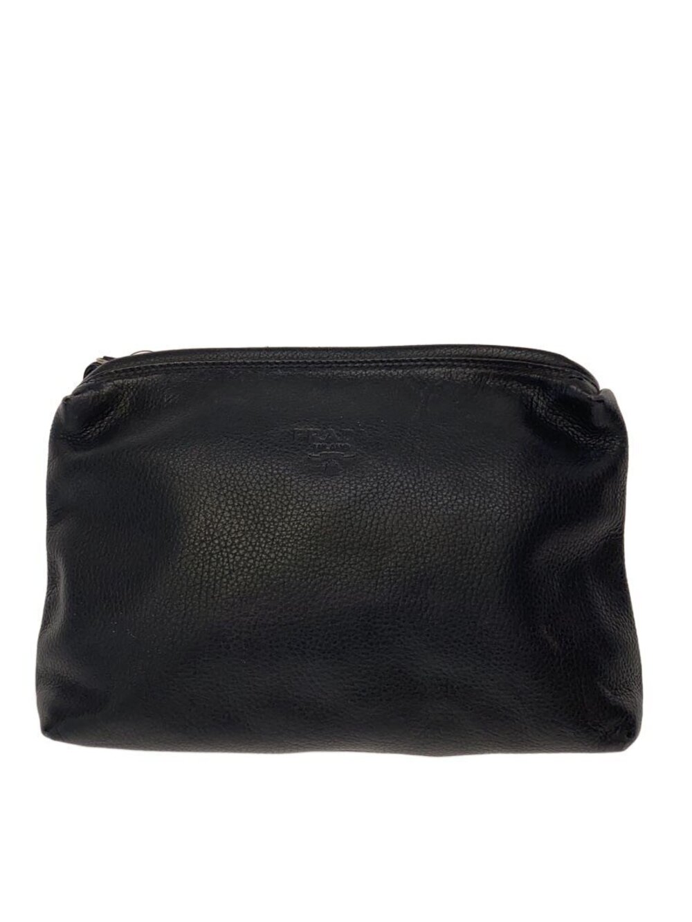 Prada black leather cosmetic toiletry bag top zipper debossed logo
